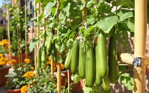 Courgettes vertes suspendues à des tuteurs en bambou, avec un bon espacement pour une croissance optimale. Des fleurs orange sont visibles en arrière-plan.