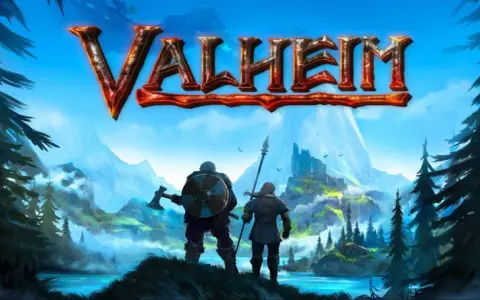 Dwóch wikingów z toporem i włócznią patrzy na górzysty krajobraz. Valheim na Xbox Game Pass.