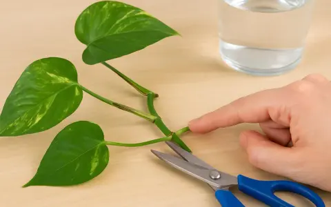 Mit einer Schere wird ein Blatt vom Efeustamm abgeschnitten, um Efeu zu vermehren.