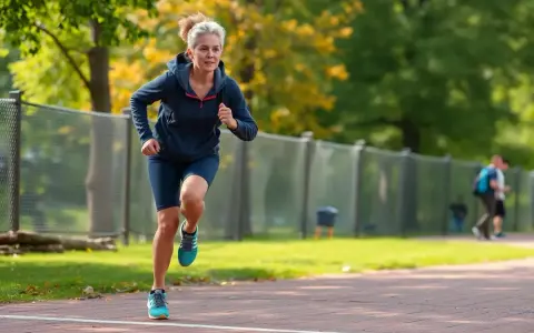 Femme aux cheveux gris courant sur une piste, déterminée malgré une hernie discale. Elle porte un survêtement bleu marine.