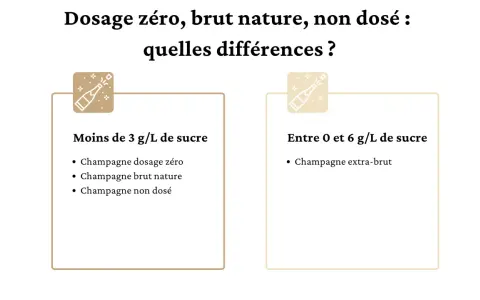 Infographie expliquant les différences entre champagne dosage zéro, brut nature et non dosé, avec des seuils de sucre.