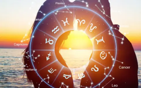 Zodiakalny krąg na tle zachodu słońca i sylwetek pary. Symbolika 2221 znaczenie w gwiazdach.