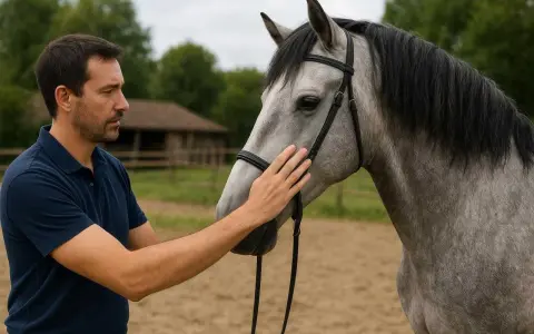 Un homme caresse la tête d'un magnifique cheval lusitanien gris, dans un manège.
