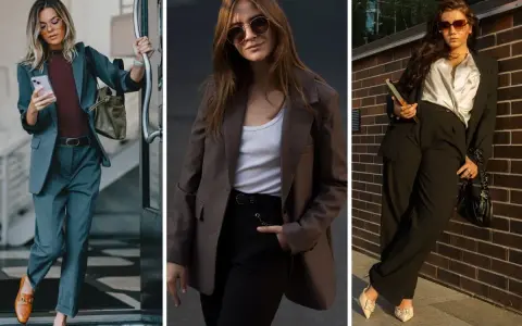 Trzy kobiety prezentują stylowe stylizacje do pracy na luzie: garnitur w szarości, brązowa marynarka z czarnymi spodniami i elegancki zestaw z satynową koszulą.