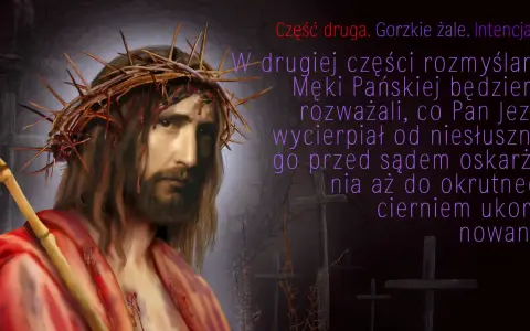 Jezus w koronie cierniowej, z krwawymi ranami, niesie krzyż. W drugiej części rozmyślania o Męce Pańskiej, z tej biednej ziemi tekst mówi o niesłusznym oskarżeniu i cierpieniu.