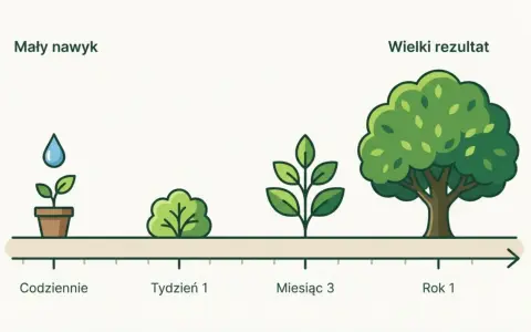 Mały nawyk codziennie, jak podlewanie roślinki, prowadzi do wielkiego rezultatu – potężnego drzewa. To motywacja do życia i rozwoju.