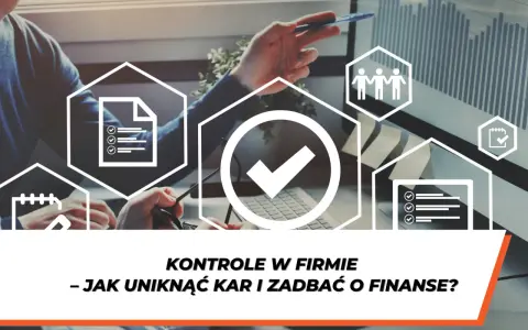 Przedsiębiorca analizuje dane, by uniknąć kontroli i zadbać o finanse firmy. Ikony symbolizują dokumenty, zespół i kalendarz.