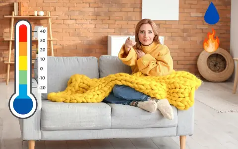 Donna sul divano con coperta gialla, termometro e icone di acqua e fuoco. Soluzione per deumidificare e riscaldare contemporaneamente.