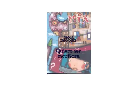 Ilustración de un libro infantil con el título "Quiero ser escritora". Una niña mira con asombro, rodeada de signos de interrogación y un pincel.