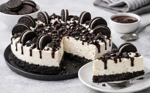 Gâteau au fromage crémeux, garni de biscuits Oreo et de sauce au chocolat. Un délice avec son fond de gâteau croustillant sans cuisson.