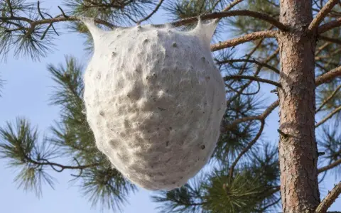 Gros nid blanc de chenilles processionnaires sur une branche de pin. Que faire face à ce danger ?