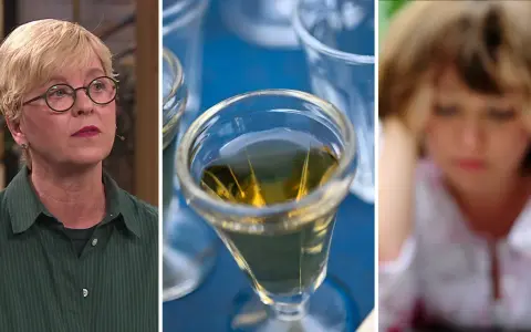 Kvinna med glas, en drink och en person med händerna mot huvudet. Kan symbolisera hur alkohol kan leda till depression.