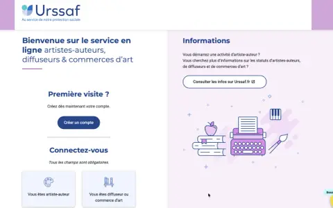 Bienvenue sur le service Urssaf pour artistes-auteurs. Informations sur la cotisation artiste-auteur sans revenus et création de compte.