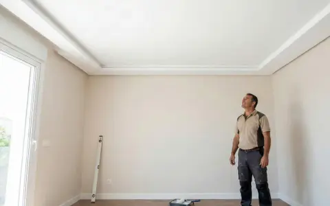 Un hombre admira el nuevo pladur techo con molduras decorativas.