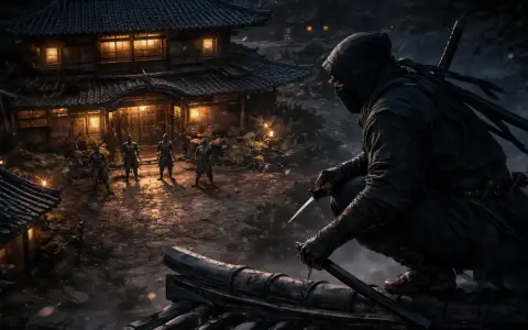 Un ninja acecha desde un tejado, observando a otros guerreros en un pueblo iluminado. La escena evoca la tensión de los juegos de ninjas.