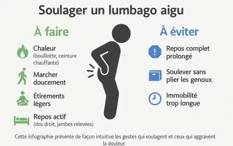 Conseils pour soulager un lumbago aigu : chaleur, marche douce, étirements légers, repos actif. Éviter le repos prolongé, soulever sans plier les genoux, et l'immobilité. Utile après un lumbago accident de travail.
