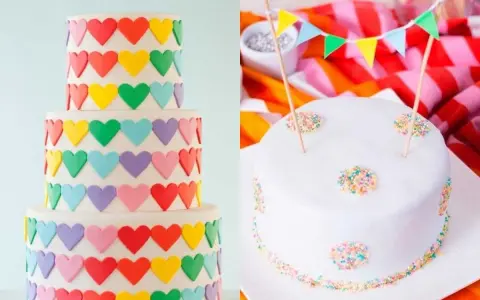 Ideas para decorar tartas: pastel de varios pisos con corazones de colores y pastel blanco con banderines y chispas.