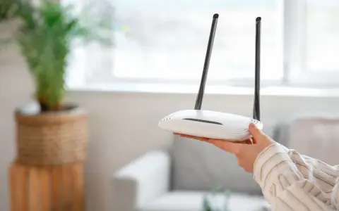 Dłoń trzyma biały router z dwiema antenkami. Dowiedz się, jak zresetować router, aby rozwiązać problemy z siecią.