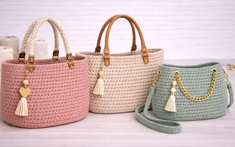 Tres bolsos de punto a dos agujas, uno rosa, uno beige y uno verde menta, con detalles de cuero, borlas y cadena dorada.