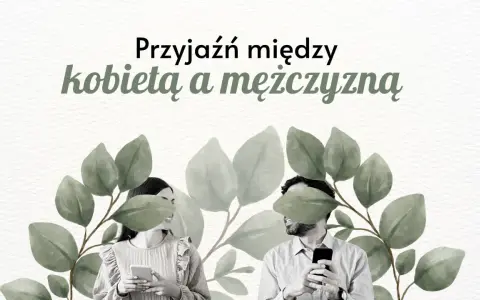 Piękna przyjaźń między kobietą a mężczyzną, symbolizowana przez uśmiechnięte twarze i telefony w dłoniach, otoczona liśćmi.