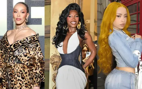 Trzy amerykanki raperki: Doja Cat w panterce, Flo Milli w białej sukni i Ice Spice w jeansie.