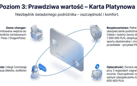 Grafika przedstawia platynową kartę płatniczą otoczoną ikonami symbolizującymi korzyści: salonik lotniskowy, usługę concierge, ochronę VIP i skarbonkę. Złota karta to klucz do podróżniczych udogodnień.