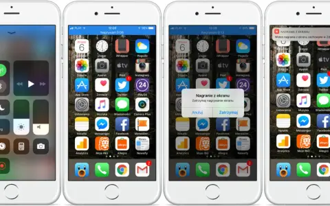 Nagrywanie ekranu na iPhonie. Widok centrum sterowania i ekranu głównego z powiadomieniem o zakończeniu nagrywania.