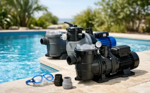 Plusieurs pompes de piscine, avec un tableau de puissance, sont alignées sur le bord d'une piscine bleue. Des lunettes de plongée sont posées à côté.