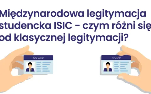 Dwie dłonie trzymają karty: ISIC CARD i ID CARD. Tytuł pyta o różnice między nimi.