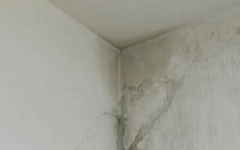 Angolo di un muro con evidenti segni di infiltrazione acqua, macchie scure e crepe.