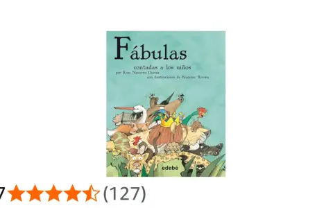 Ilustración de animales diversos, como un león coronado, un zorro y un pelícano, en la portada de "Fábulas contadas a los niños".