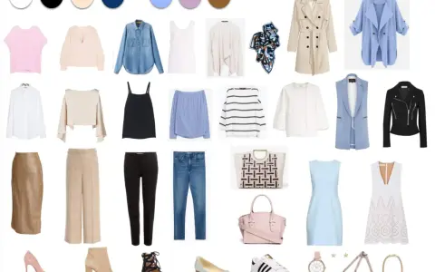 Conjunto de ropa y accesorios para crear looks versátiles. Incluye prendas básicas, abrigos, pantalones, faldas, vestidos, zapatos y bolsos, ideales para renovar tus **fondos de armario**.