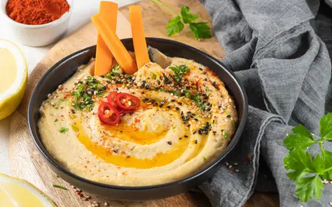 Hummus cremoso con bastones de zanahoria, pimientos rojos y semillas. Un snack saludable ideal para el embarazo.
