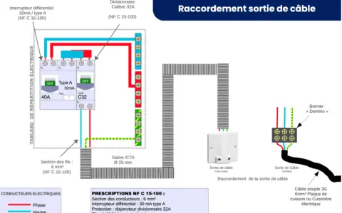 Schéma de branchement pour une plaque induction : disjoncteur différentiel, disjoncteur divisionnaire, et sortie de câble.