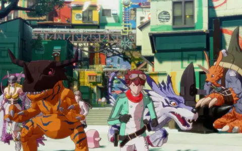 Un chico y sus Digimon, incluyendo a Agumon y Gabumon, se encuentran en una ciudad colorida. Es un momento de **digimon story time stranger**.