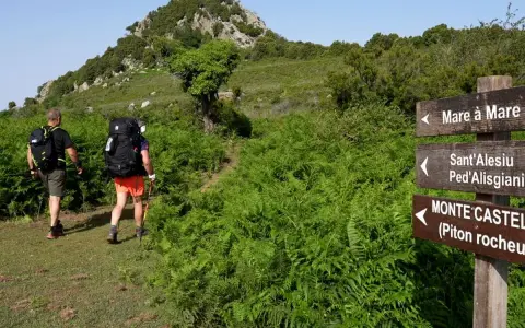 Deux randonneurs suivent un sentier bordé de fougères. Un panneau indique la direction de Mare a Mare Nord.