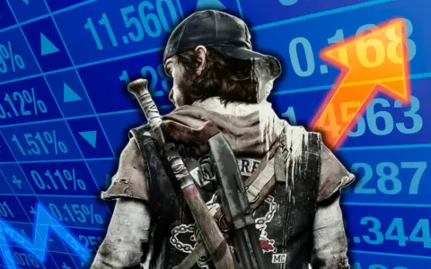 Análisis de Days Gone: un personaje con armas sobre un gráfico bursátil ascendente.