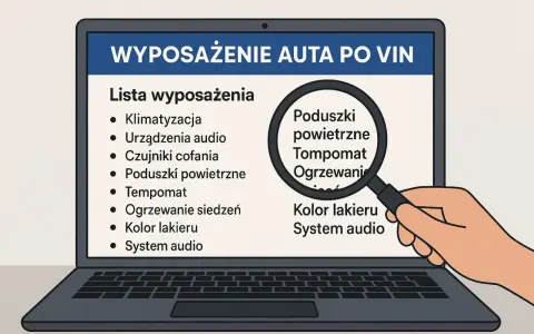 Lista wyposażenia auta po VIN na ekranie laptopa. Lupa powiększa "Poduszki powietrzne", "Tempomat", "Ogrzewanie". Vin decoder VW pomoże sprawdzić te elementy.