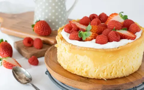 Deliciosa tarta de queso mascarpone y filadelfia, coronada con fresas y frambuesas frescas.