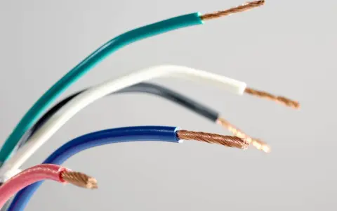 Kolorowe przewody elektryczne, każdy z odsłoniętym miedzianym rdzeniem. Widać oznaczenie prądu L na niebieskim kablu.