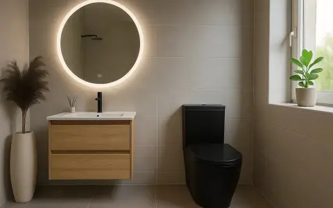 Salle de bain moderne avec un meuble vasque en bois, un miroir rond lumineux et un WC noir. La dimension wc est bien pensée pour un espace fonctionnel.