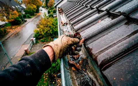 Herbstlaub wird aus einer verstopften Dachrinne entfernt. Die Dachrinne reinigen ist wichtig, um Wasserschäden zu vermeiden.