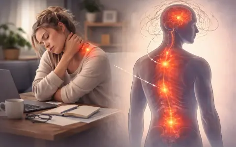 Kobieta z bólem karku przy biurku, połączona z wizualizacją kręgosłupa i mózgu, ilustrująca psychosomatykę.