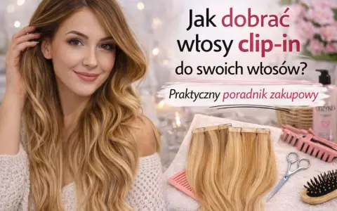Kobieta z długimi, falowanymi włosami, obok pasma doczepianych włosów clip-in. Poradnik zakupowy dotyczący zabiegów na włosy.