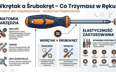 Ilustracja pokazuje śrubokręt z wymiennymi końcówkami (bity), wyjaśniając różnice między "wkrętakiem" a "śrubokrętem" oraz rodzaje grotów.