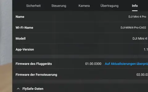 Infos in der DJI Mini 2 App: Modell DJI Mini 4 Pro, App-Version 1.12.4, Firmware-Status und mehr.