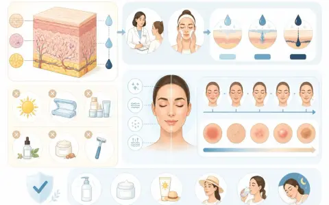 Illustration expliquant le peeling et les soins de la peau, montrant les couches cutanées, les étapes d'un traitement, les problèmes de peau et les bonnes pratiques.