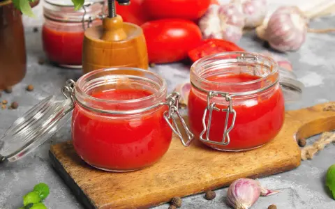 Deux bocaux en verre remplis de coulis de tomates, sur une planche en bois. Des tomates, de l'ail et du basilic complètent la scène.
