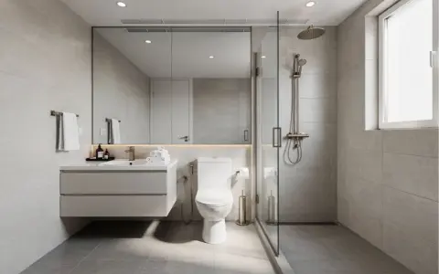 Salle de bain moderne avec une toilette suspendue, un lavabo flottant, une douche vitrée et un grand miroir.