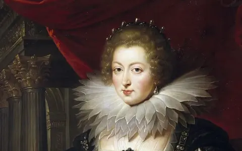 Retrato de Ana de Austria (reina de España), con su característica gorguera y corona.